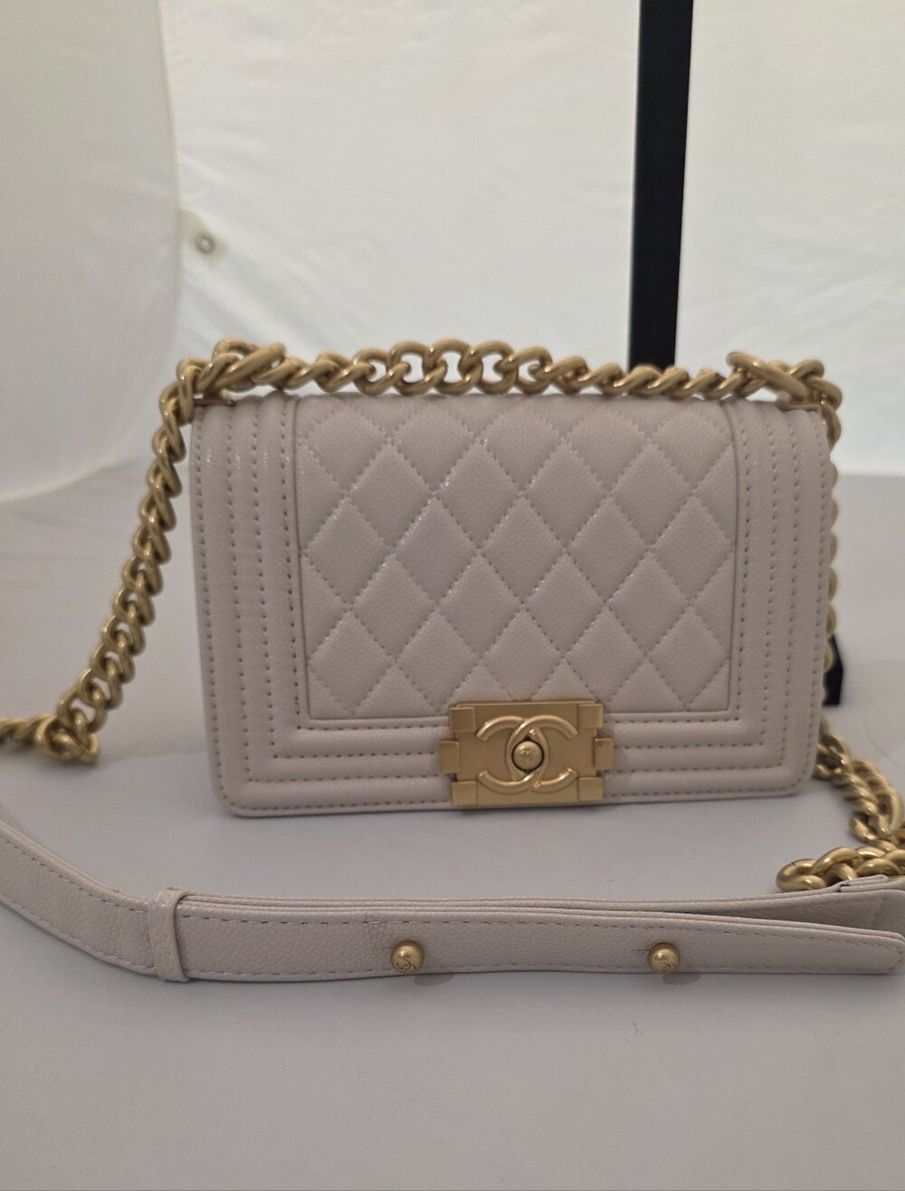 VIP gift Chanel Quilted Boy Flap Bag in Light Beige with Gold Chain
